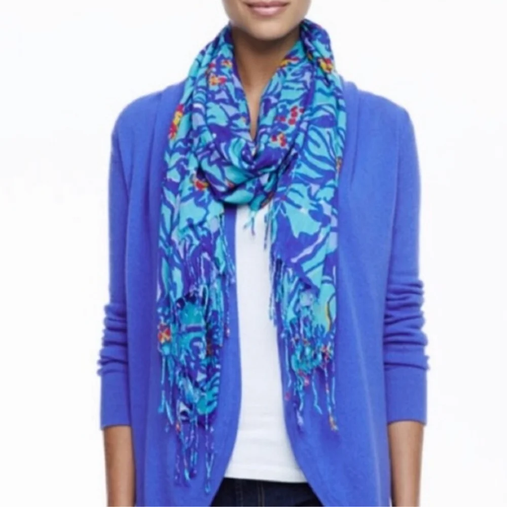 Lilly Pulitzer Murfee Scarf Iris Blue Mai Tai Silk Cashmere Blend Fringe Wrap
